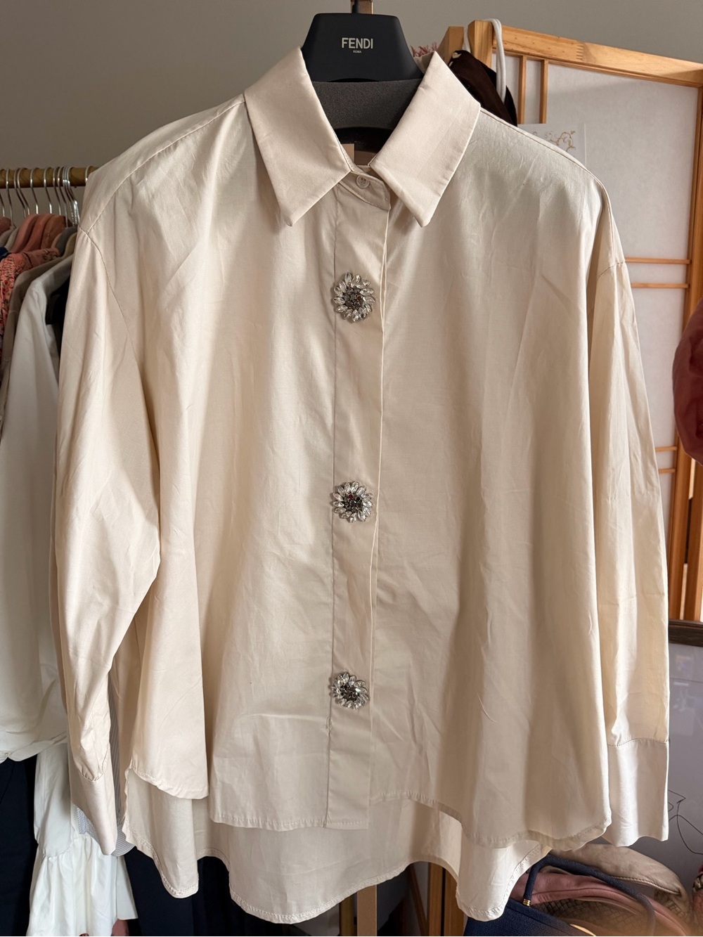 Zeta Otto Studio Italy Oversized Cotton Shirt Crystal Button Blouse One Size NWT